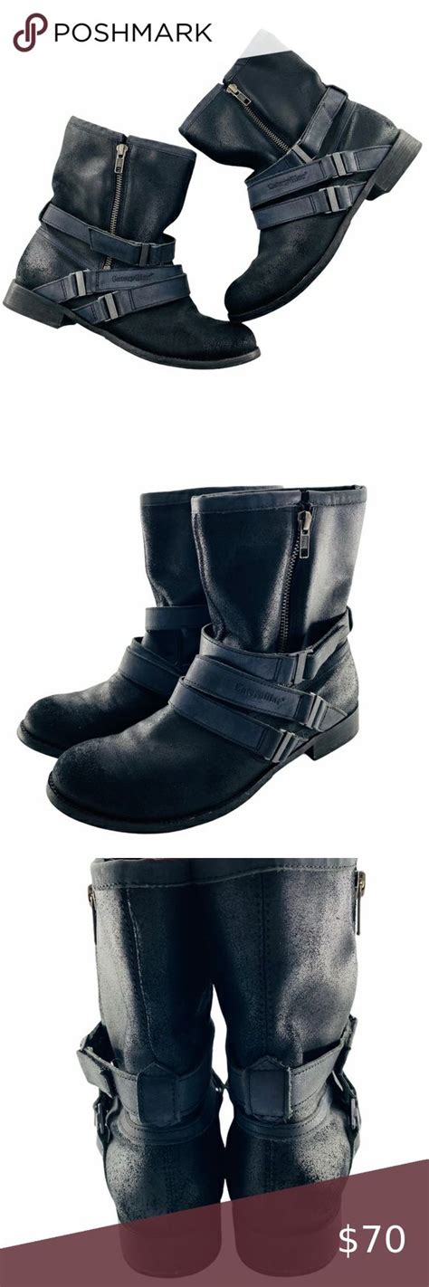 cat brand burnished leather mid calf biker boot   boots biker