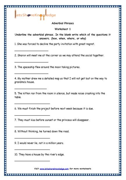grade  english resources printable worksheets topic adverbial phrases