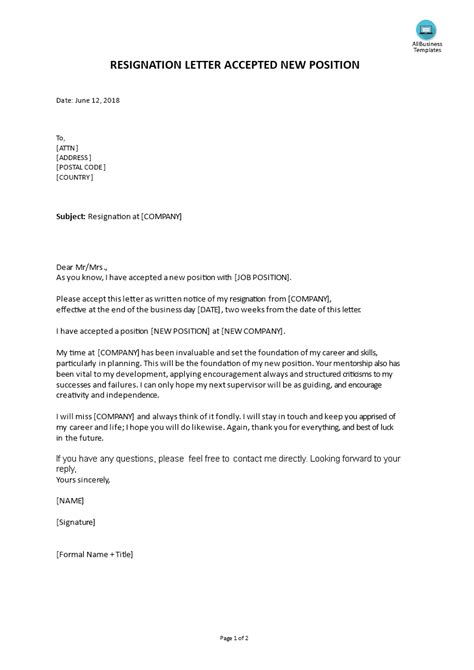 resignation letter accepted  position templates