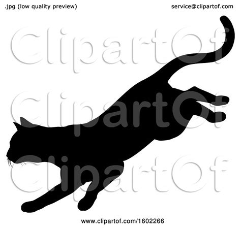 Clipart Of A Black Silhouetted Cat Pouncing Royalty Free