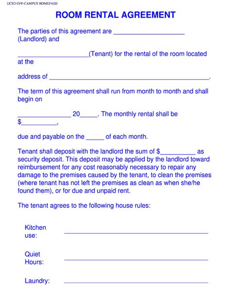 room rental agreement template fill  printable fillable