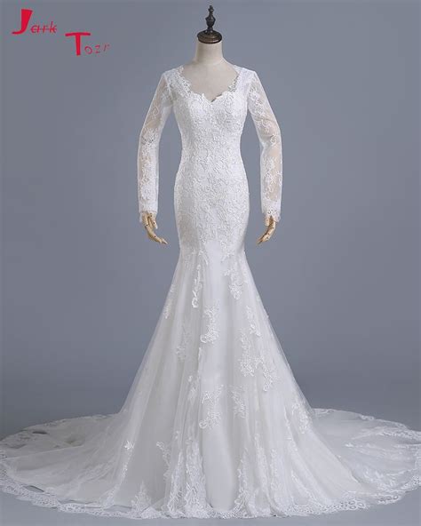 jark tozr long sleeve lace appliques bridal gowns ivory winter sheath  lace mermaid wedding