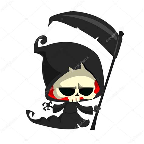 cute cartoon grim reaper with scythe isolated on white