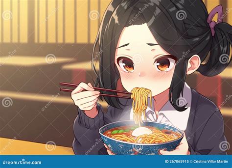 Anime Girl Eating Ramen Made With Generative Ai Stock Illustration