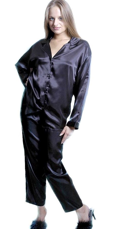 womens classic brushed  satin long pajama set   black  amazon womens clothing