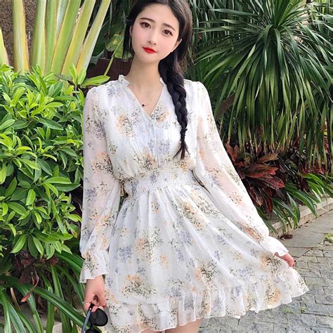 Korean Cute Dress Women Chiffon Ruffle Flower Vestido Floral Summer