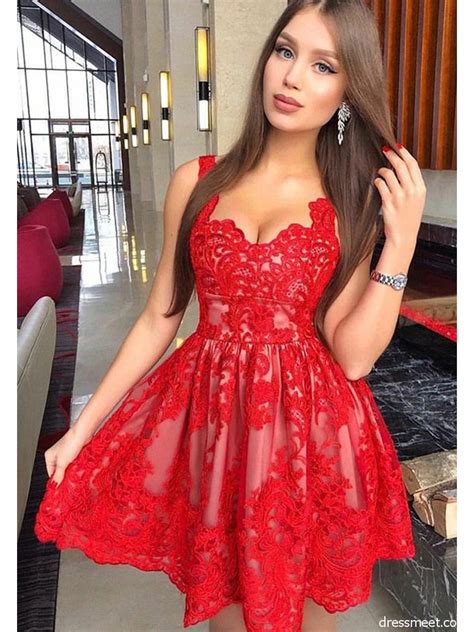 Charming A Line V Neck Backless Red Lace Homecoming Dress