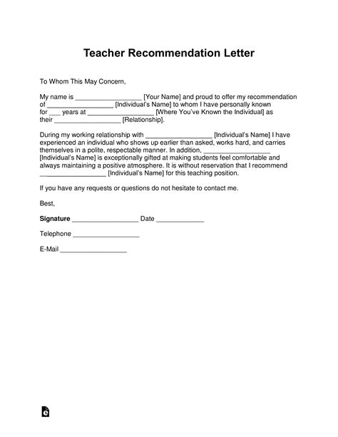 teacher recommendation letter template  samples  word