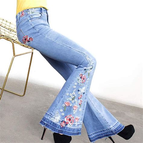 chartou womens chic floral embroidered high rise bell bottom flare jeans broad feet long denim