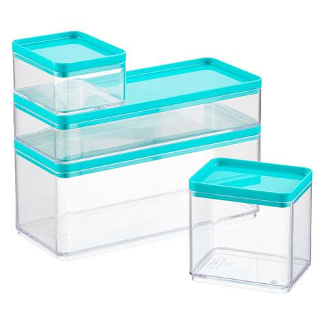 Stackable Rectangle Clear Containers With Teal Lids The