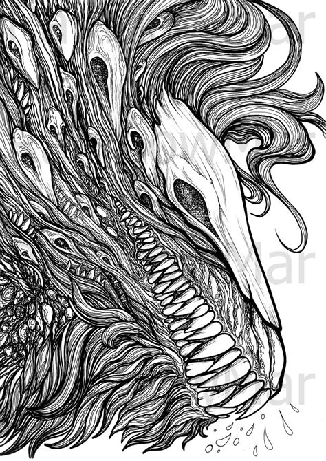 zombie dragon  skull mask coloring page horror zombie dark etsy