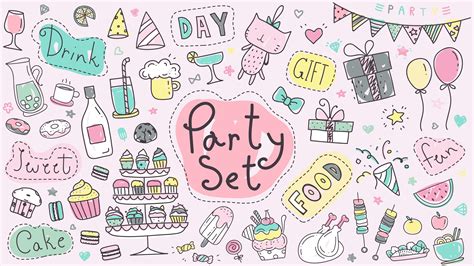 cute party hand drawn doodle collection  pastel color kawaii party
