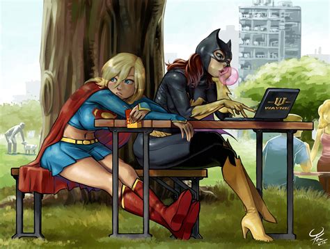 batgirl and supergirl chillin in the park hd wallpaper