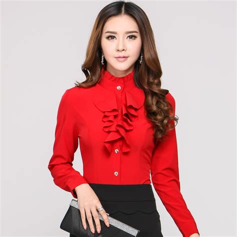 New 2015 Spring Autumn Formal Red Blouses Women Long Sleeve Ladies