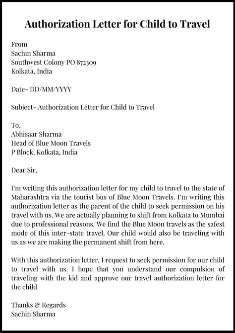 sample authorization letter  child  travel