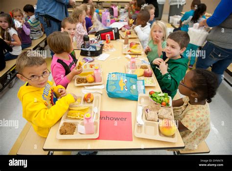 elementary school children sitting  tables  lunch   stock