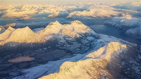 aerial view  sunset  norwegian mountains fjords  lake troms