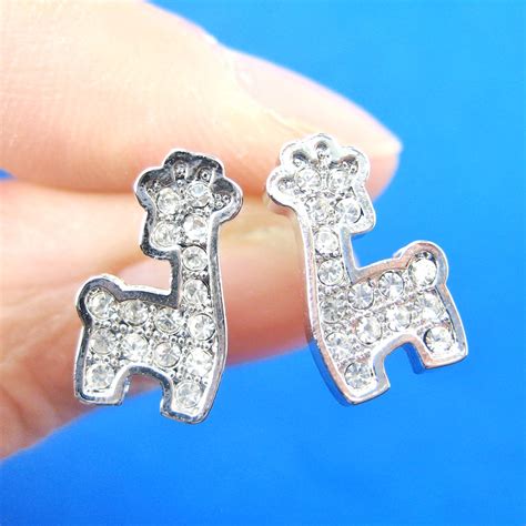 small giraffe shaped animal stud earrings  silver  rhinestones