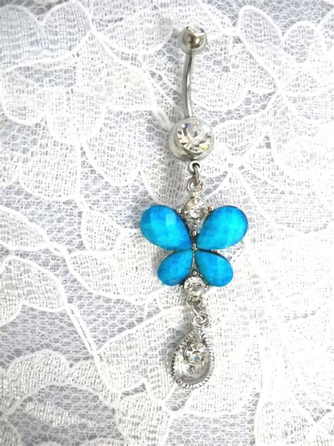 2 Tier Butterfly W Turquoise Blue And Rhinestone Accents 14g Clear Cz