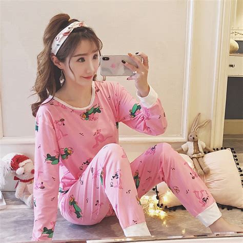 hot sale 2018 spring women girl cotton pajama sets cartoon lovely