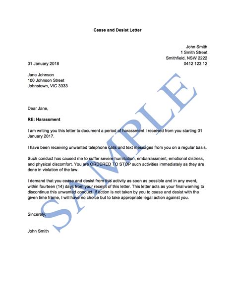 harassment cease  desist letter sample master  template document