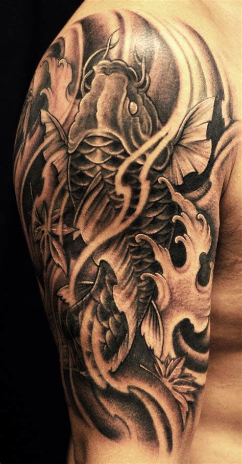 sleeve black  grey koi fish tattoo pez koi tattoo  fish