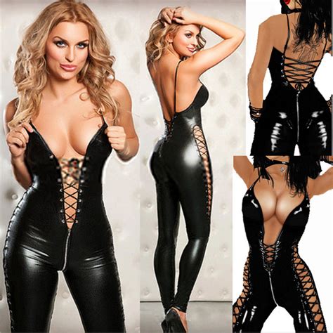 Sexy Lingerie Women Black Pvc Leather Bodysuit Zipper Open