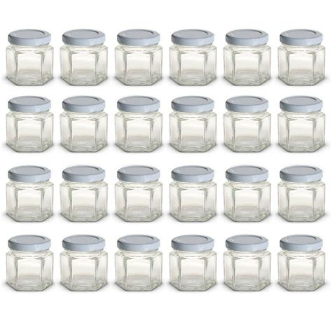 1 5 Oz Hexagon Mini Glass Jars With White Lids And Labels Pack Of 24