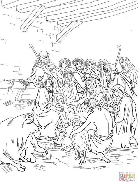 nativity scene  holy family shepherds  animals coloring page