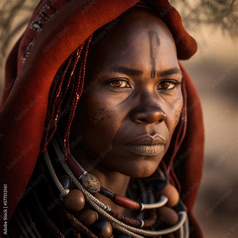 Portrait Namibian Woman From Himba Tribe Dressed With Traditional