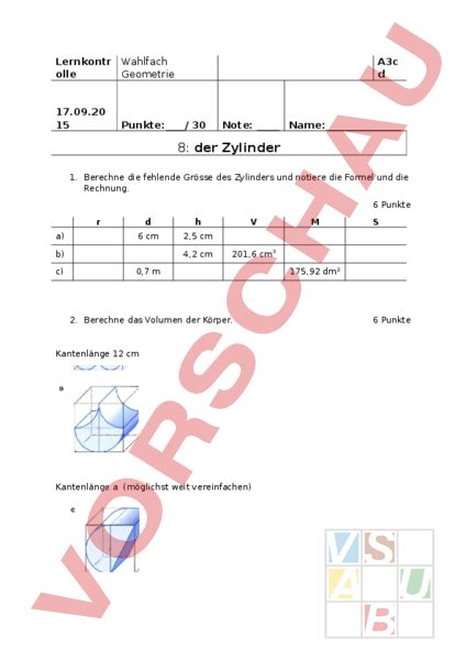 arbeitsblatt lernkontrolle  zylinder mathematik