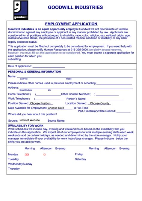 Fillable Goodwill Employment Application Printable Pdf Download