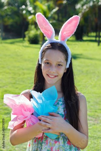 Smiling Happy Teen Girl With Rabbit Ears Easter Chocolate Eggs Buy