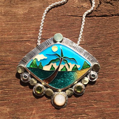custom  cloisonne enamel necklace tropical beach scene necklace