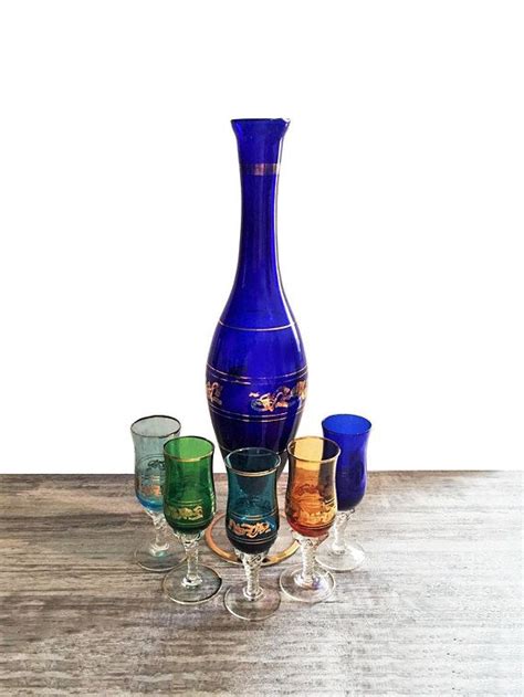 Vintage Italian Glass Decanter Set In Cobalt Blue 5 Multi Colored