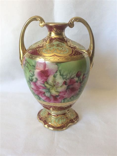 Antique Nippon Hand Painted Vase With Moriage And Gold Trim By