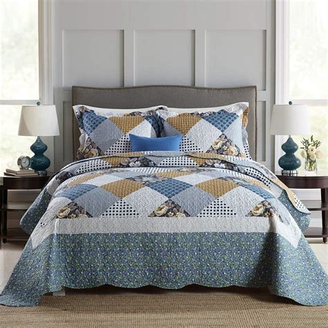 qucover blue quilted bedspread elegant soft microfiber patchwork