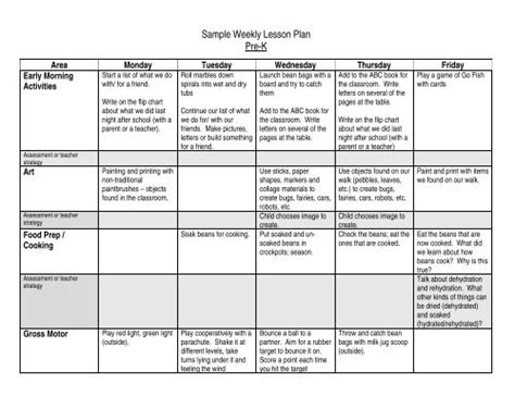 sample weekly lesson plan pre