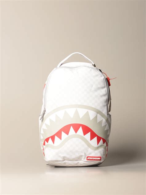 sprayground backpack  vegan leather  shark print white