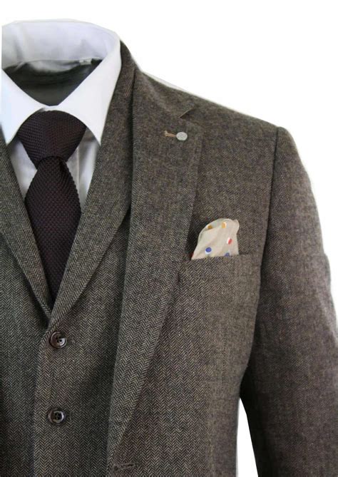 mens  piece wool blend herringbone tweed suit brown vintage tailored