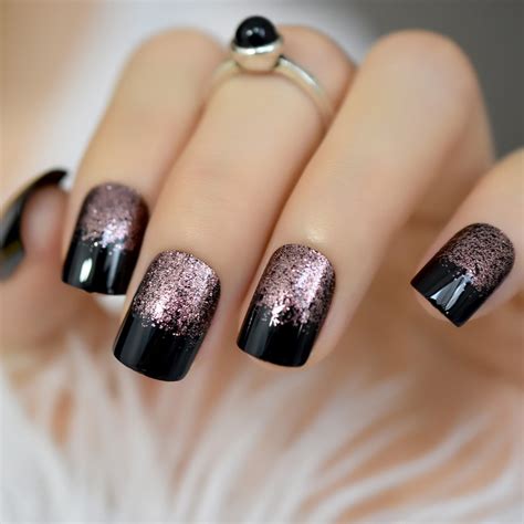 shimmer glitter french nail art tips classic black short full wrap acrylic false nails diy