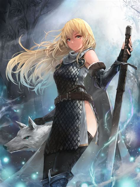 Fantasy Anime Girl White Wolf Blonde Sword Cape Long Hair Blonde