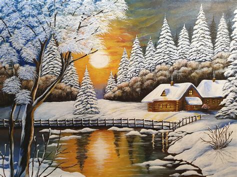 winter snow scene acrylic painting etsy