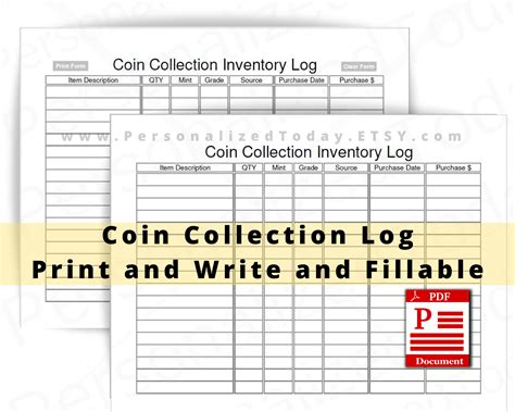 coin collection inventory log print  write  fillable  etsy