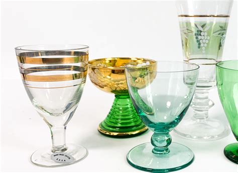 2nd time around vintage set 6 green and gold cordial glasses