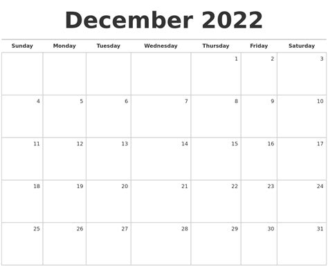 december  blank monthly calendar