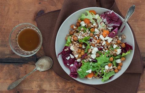 Warm Farro Salad With Chickpeas Feta And Spicy Dressing Via Some