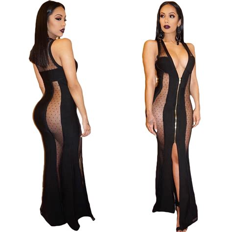 New Sexy Women Maxi Dress Sheer Mesh Deep V Sleeveless Split Zip Slim