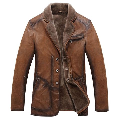 designer warm mens brown fur lined long leather coat cwmalls