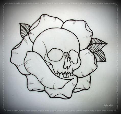 skull in rose tattoo flash outline by oldskulllovebymw